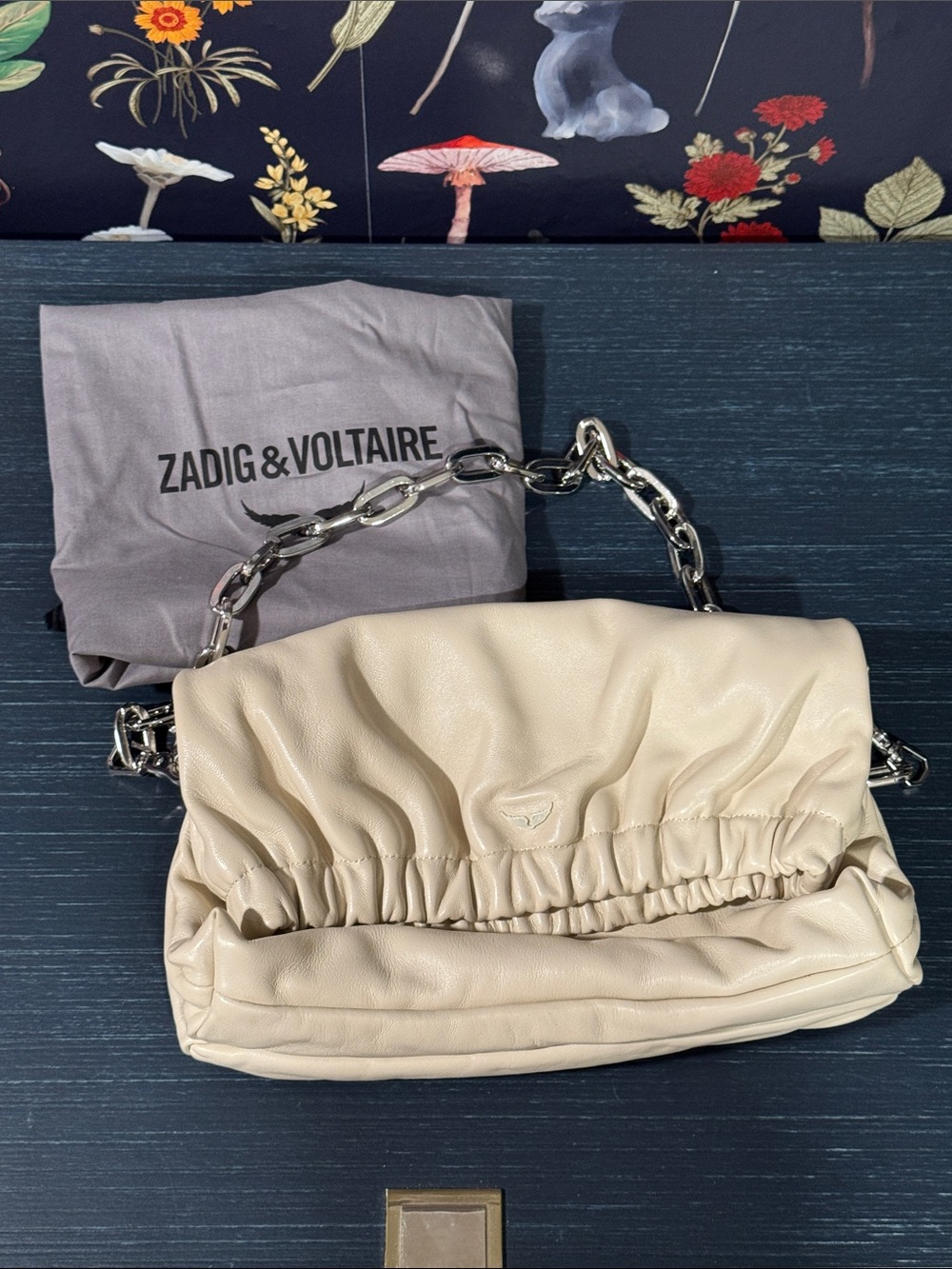 Zadig & Voltaire Cream Leather Ruched Shoulder Bag with Silver Chain